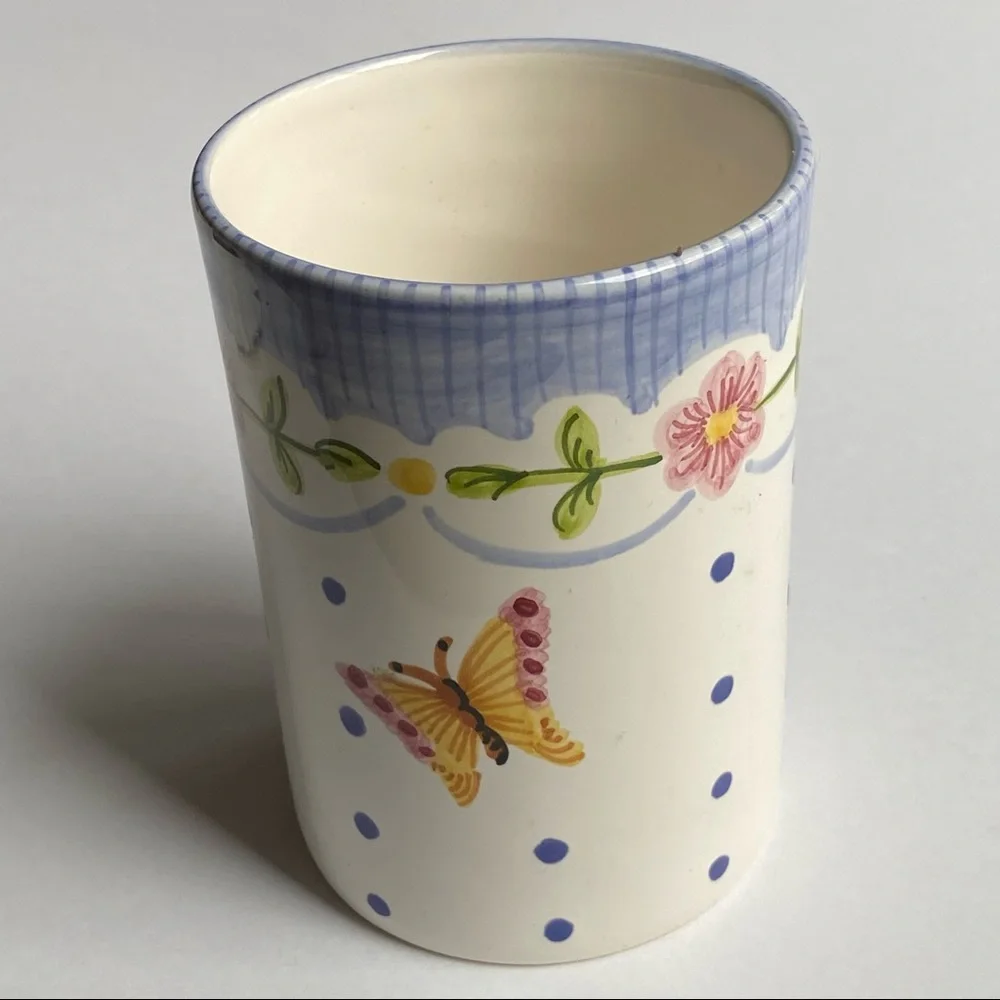 Casafina Vase Portugal Hand Painted Butterfly Floral Cup Tumbler Pen Holder EUC